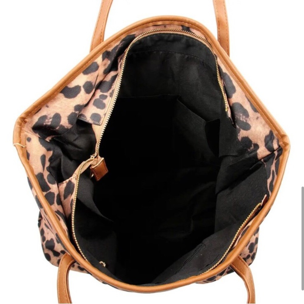 Leopard print fall winter women’s tote zippered everyday brown tan tote bag - Picture 5 of 6